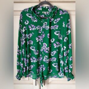 Pleione Green and Purple Floral Blouse with tie at neck. Medium.